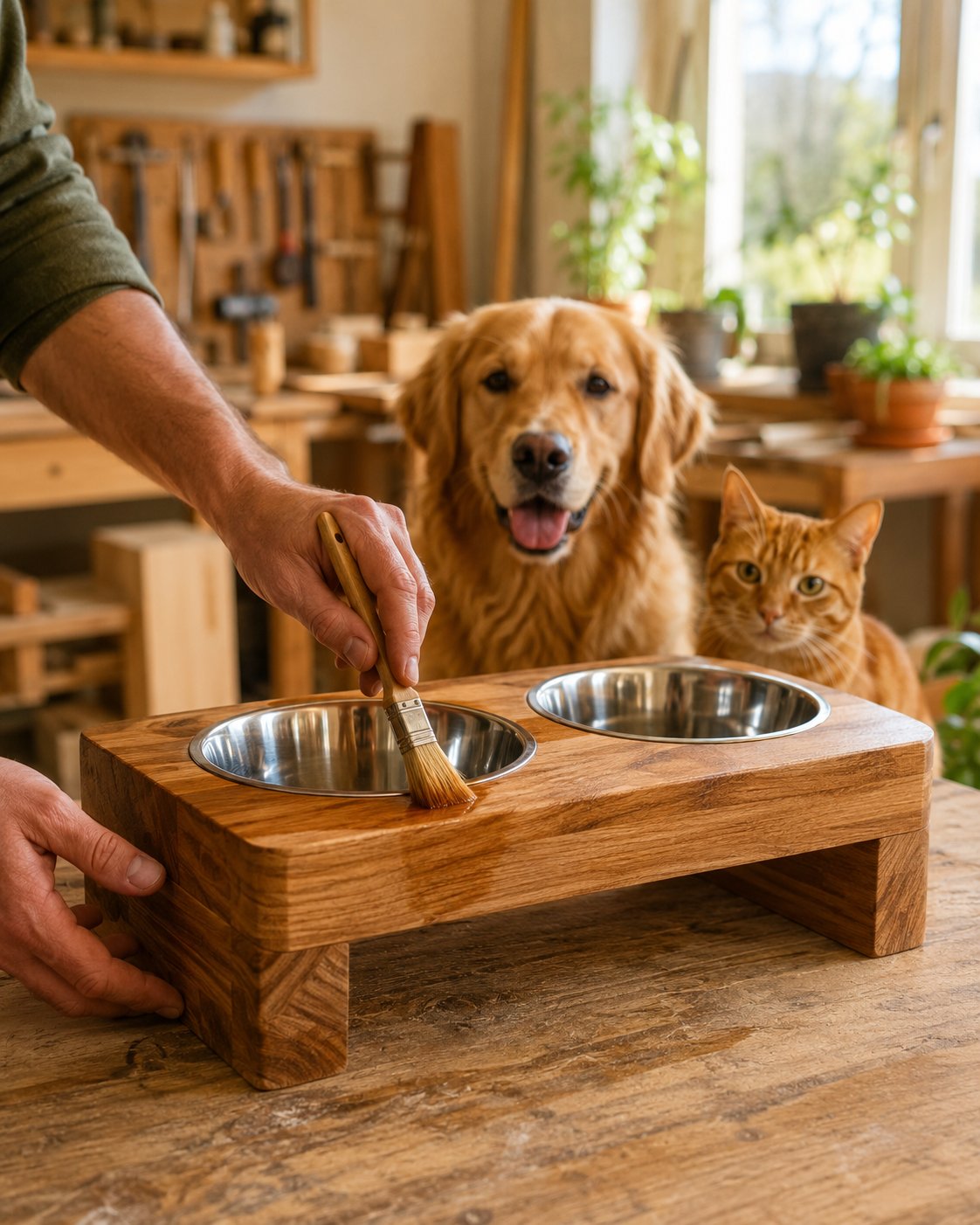 Eine liebevoll selbstgestaltete Futterstation fuer einen Hund aus Holz.