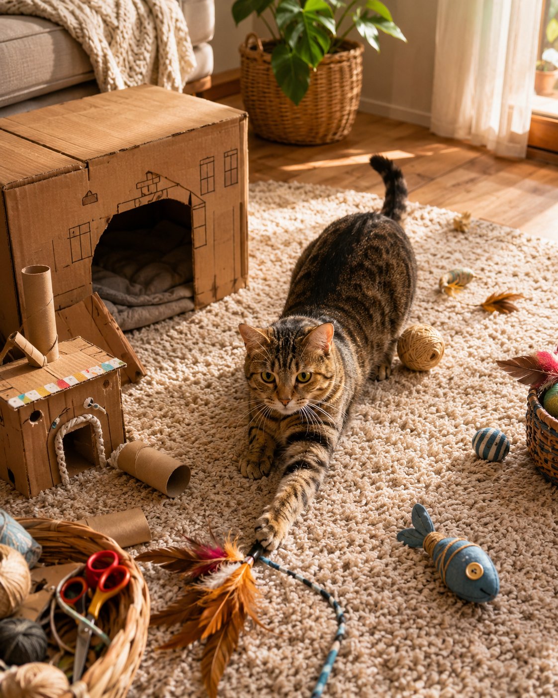 Eine glückliche Katze spielt mit verschiedenen selbstgemachten Spielzeugen auf einem Holzboden.