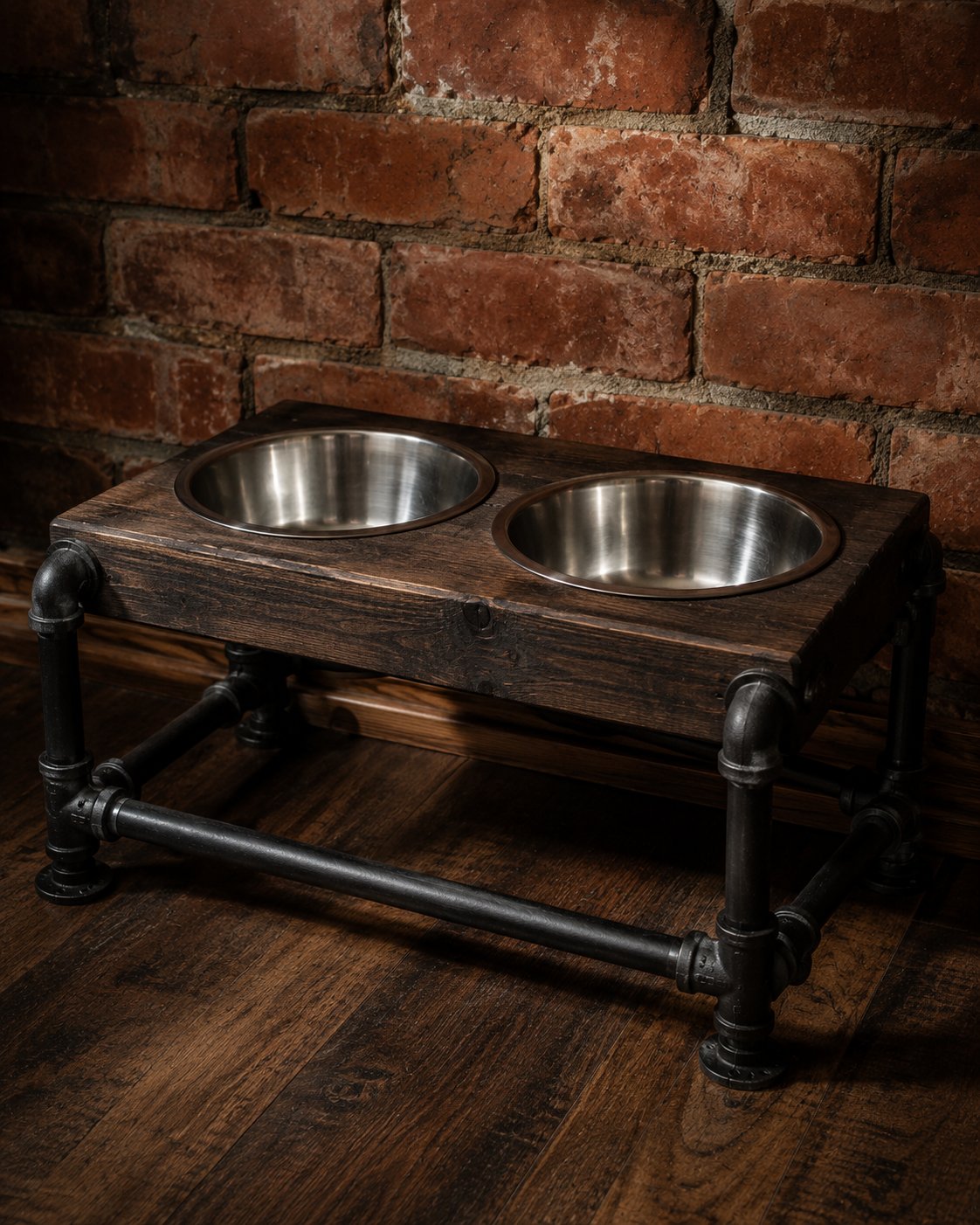DIY-Futterbar im Industrial-Look aus Metallrohren und Holz.