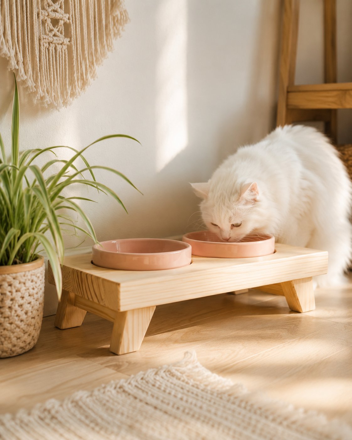 Helle Futterstation aus Holz im natuerlichen Skandi-Boho-Stil.