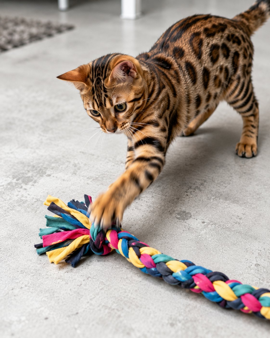 Ein bunter, geflochtener Zopf aus Stoffresten als langlebiges Katzenspielzeug.