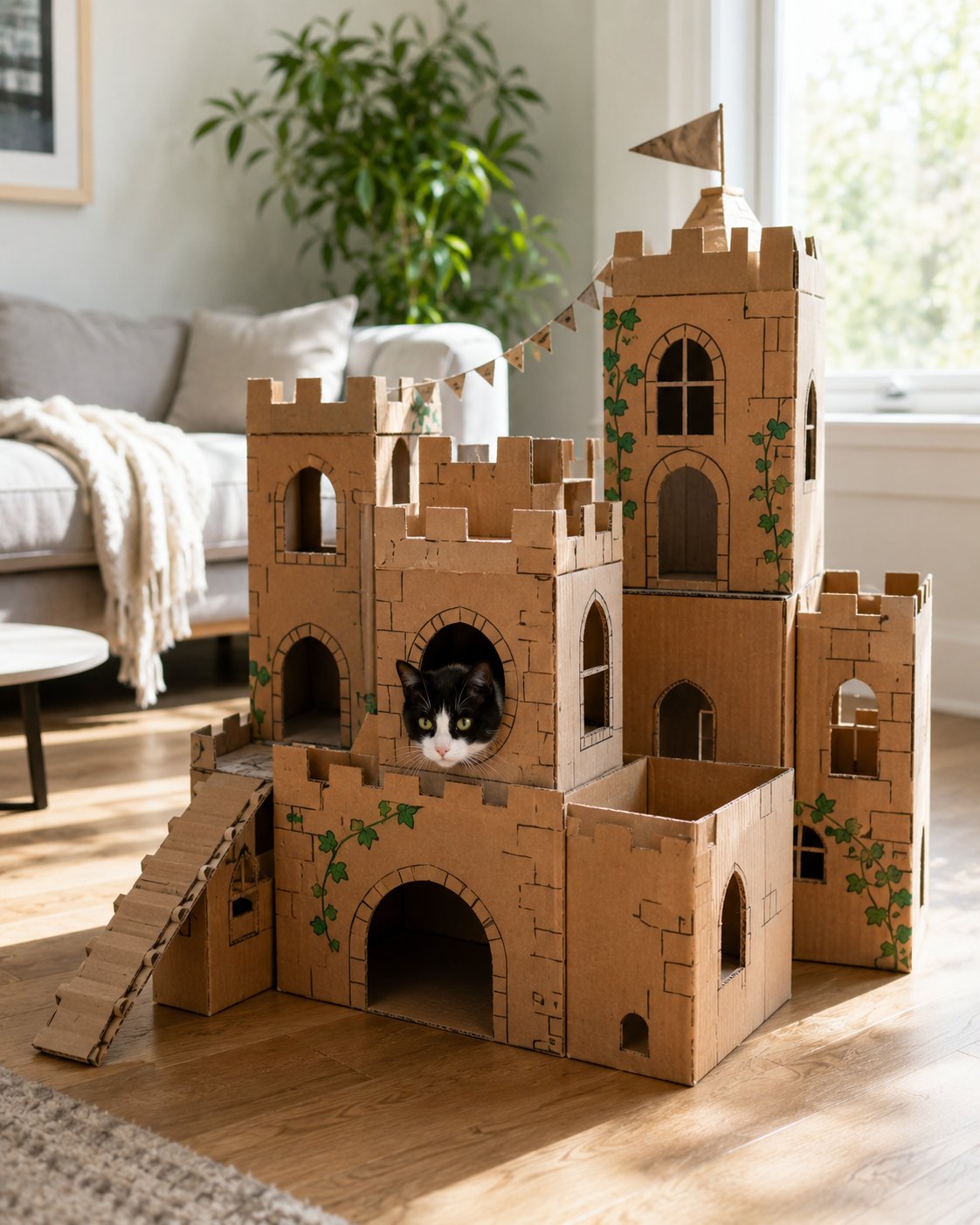 Mehrere Pappkartons, die zu einer Burg mit Löchern für eine Katze zusammengebaut wurden.