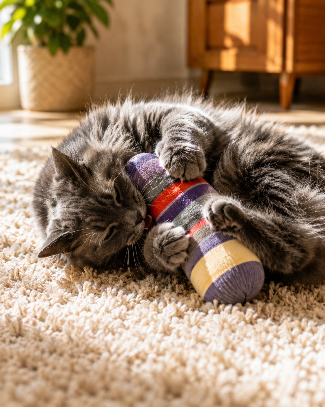 Eine alte Socke, gefüllt mit Katzenminze und zu einem Spielzeug verknotet.