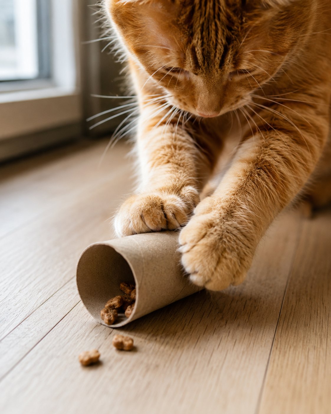 Eine leere Toilettenpapierrolle, gefüllt mit Leckerlis, als DIY-Katzenspielzeug.