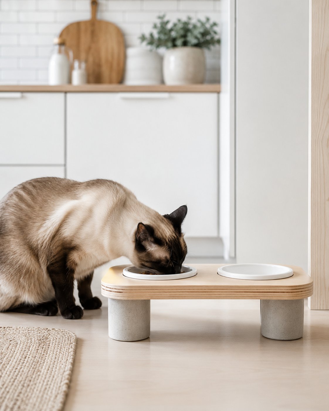 Minimalistische Futterstation aus Holz und Beton fuer Katzen.