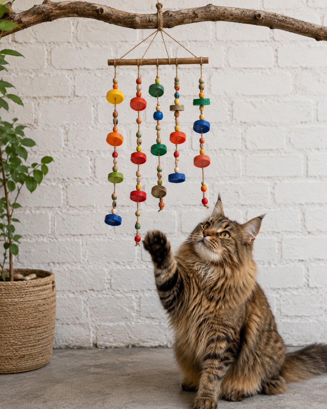 Ein Mobile aus aufgefädelten Plastik-Flaschendeckeln, das als Katzenspielzeug dient.