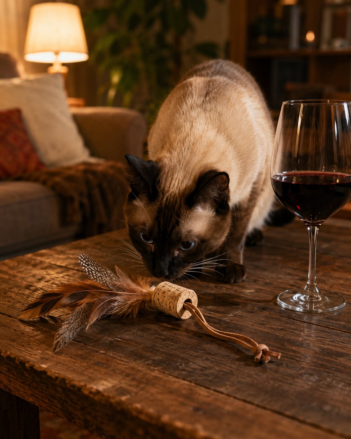 Ein Weinkorken mit Federn, der als Jagdspielzeug für eine Katze dient.
